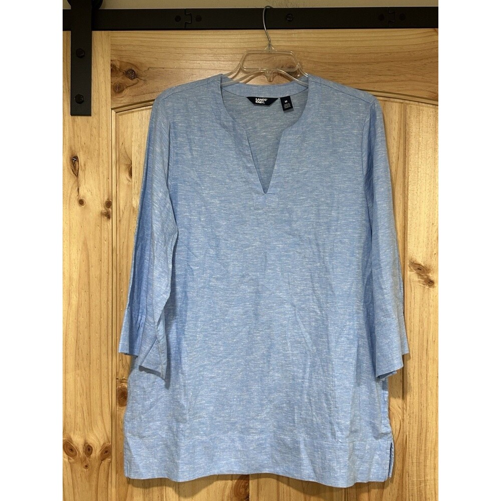 Lands End Tunic Top Light Blue V Neck Linen Vicose Medium Beach Vacation